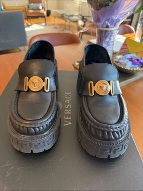 Versace Black Leather Loafers with Gold Medusa Hardware barely used size 38